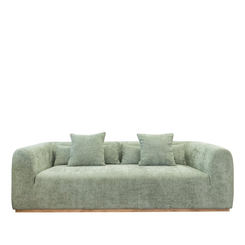 Chambers Design Melrose 3 Seater Sofa - Baltic Forest With soft lines, gentle curves and a natural timber coloured plinth the Melrose sofa features a single bench style seat.  Upholstered in a textured, 100% Polyester chenille style fabric and featuring two small square scatter and two rectangle bolster cushions.