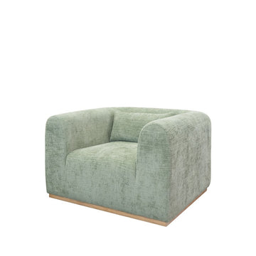 Melrose Armchair Baltic Forest at Chambers Design Timaru With soft lines, gentle curves and a natural timber coloured plinth the Melrose armchair features a single bench style seat. Upholstered in a textured, 100% Polyester chenille style fabric and including a single rectangle scatter cushion.
