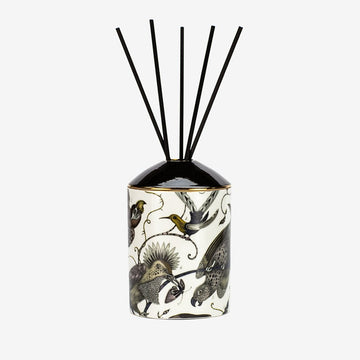 Emma J Shipley Audubon design. Bone china vessel with real gold details. Created in collaboration with fragrance experts Bahoma in London Balsamic Patchouli & Musk scented oil. Shop online at Chambers Design.
