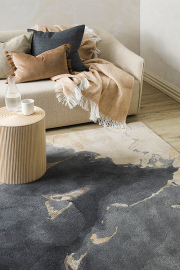 Blue and cream rug, from Chambers Design