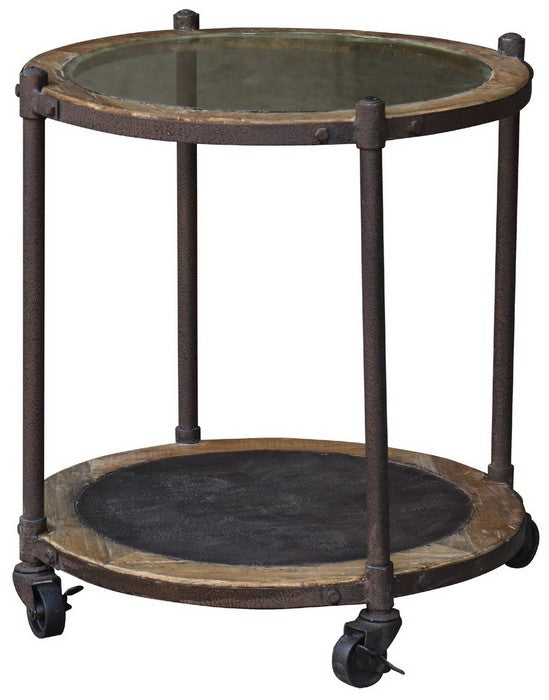 Chambers Design has curated the perfect Vintage Glass Side Table which s the ideal companion to the rustic glass coffee table.  The wheels add novelty and movability to this industrial inspired table. Weathered details add a vintage feel to any living or office space.  Dimensions: 600 Lx600 Wx68