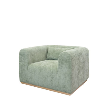 Melrose Armchair Baltic Forest at Chambers Design Timaru With soft lines, gentle curves and a natural timber coloured plinth the Melrose armchair features a single bench style seat.  Upholstered in a textured, 100% Polyester chenille style fabric and including a single rectangle scatter cushion.