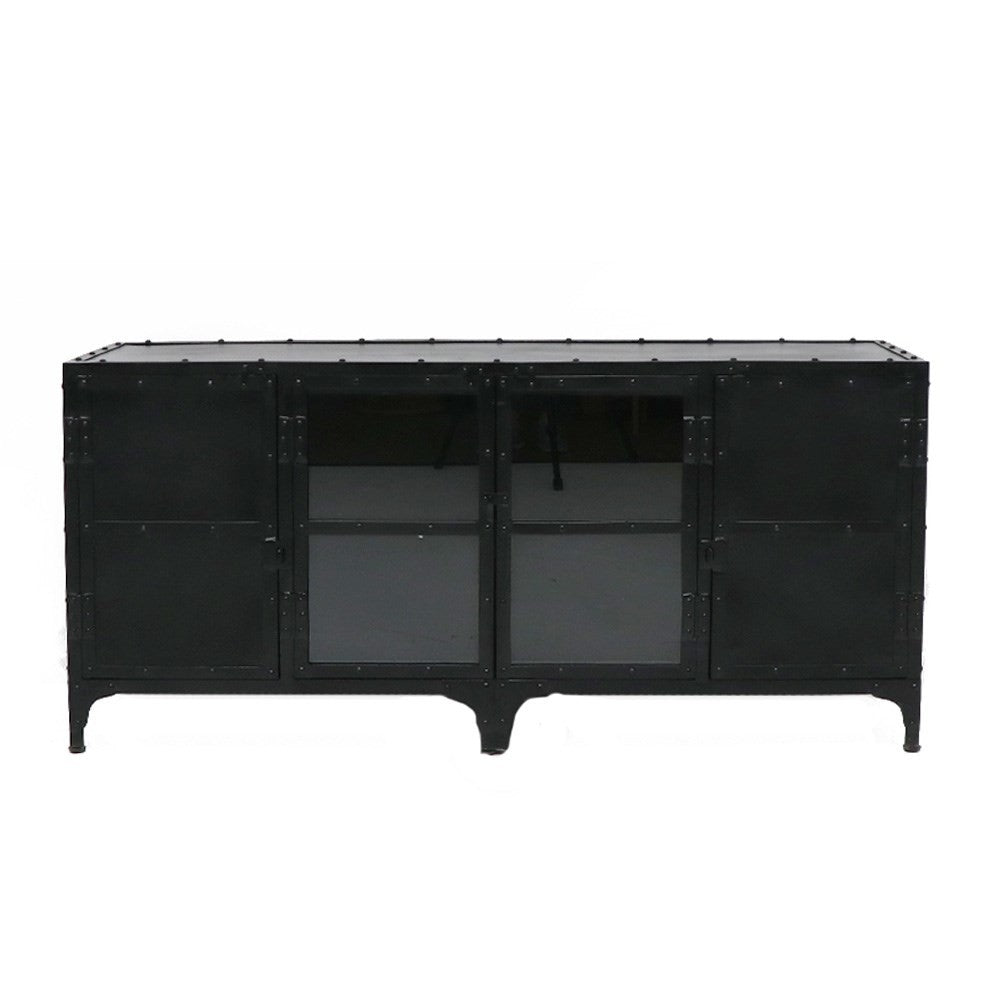 A short four door industrial style cabinet, with central glass doors and solid doors at either end, this is the perfect low sideboard for entertainment unit from Chambers Design Timaru