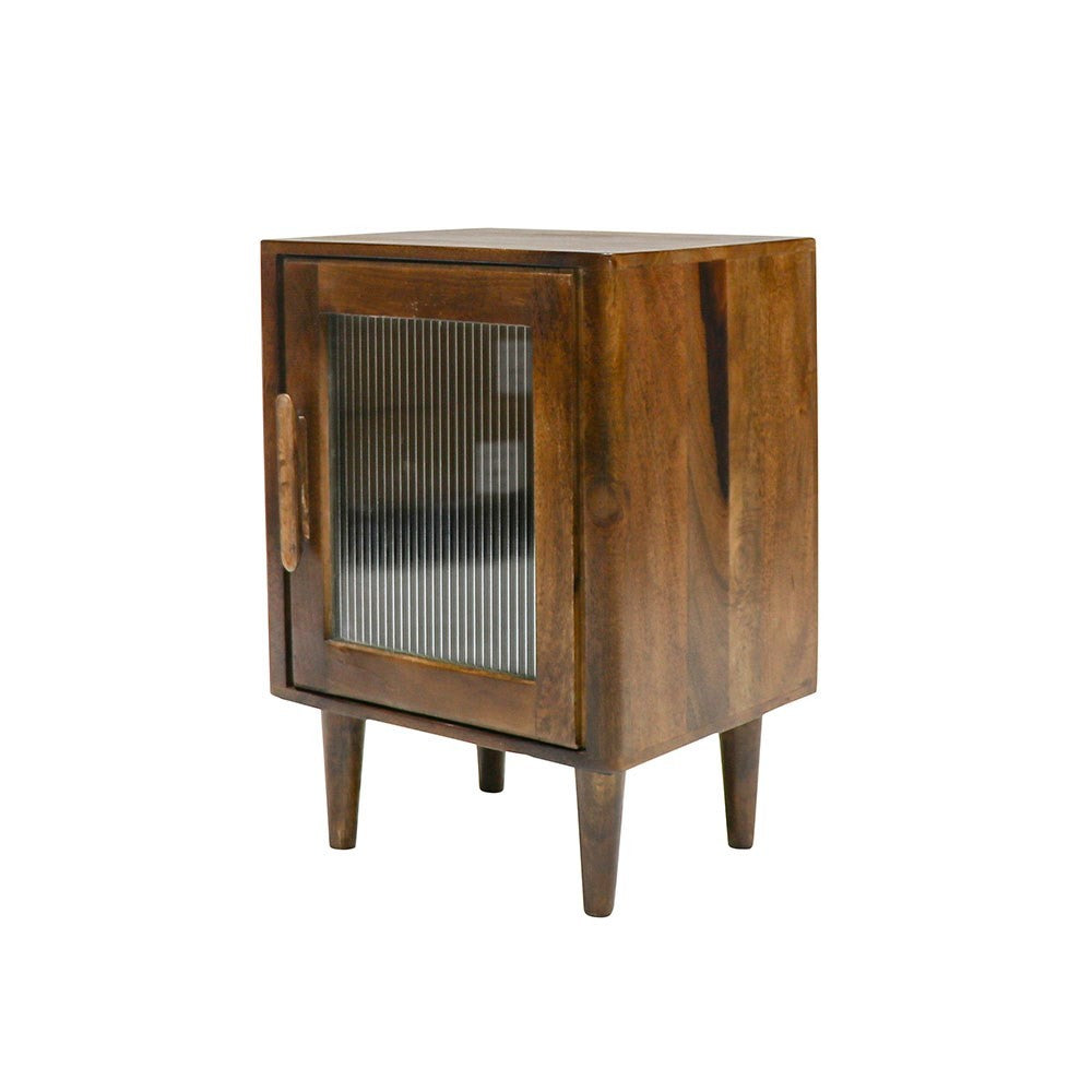 A stunning single door, bedside cabinet featuring beautiful reeded glass, which creates a beautiful corrugated texture, delivering a retro yet contemporary vibe.