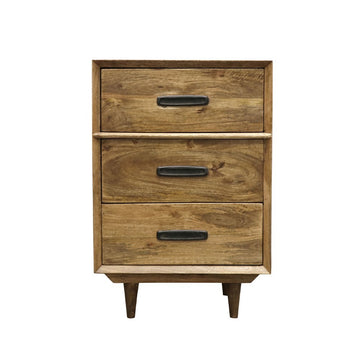 This classic retro three drawer bedside cabinet is perfect for any bedroom. Handcrafted from Mangowood - this will make a stunning addition for the well designed bedroom