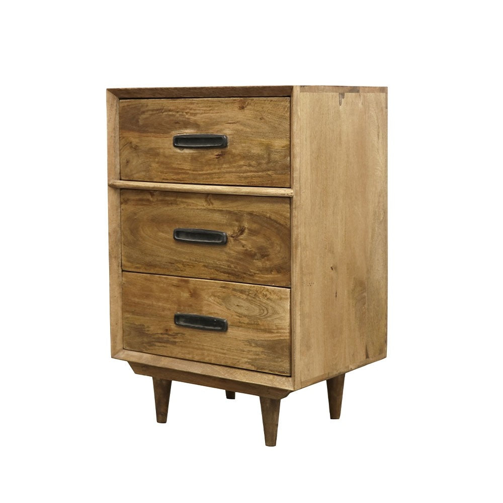 Chamber Design Timaru sources the very best in bedside furniture. Handcrafted from Mangowood is this 3 drawer retro bedside cabinet