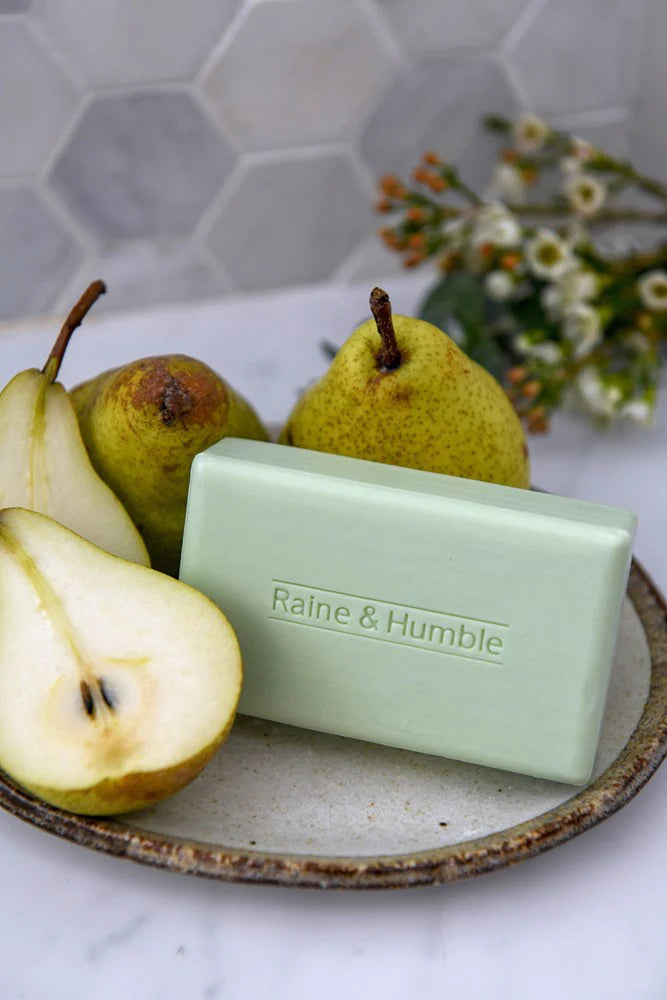 Available now at Chambers Design Raine & Humble's French Pear soap bar. This remarkable French Pear Soap will help you unwind and rejuvenate. Pear extract has antibacterial, anti-inflammatory, antioxidant, and anti-aging properties.