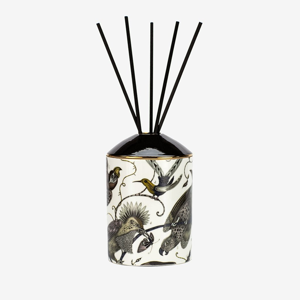 Emma J Shipley Audubon design. Bone china vessel with real gold details. Created in collaboration with fragrance experts Bahoma in London  Balsamic Patchouli & Musk scented oil. Shop online at Chambers Design.