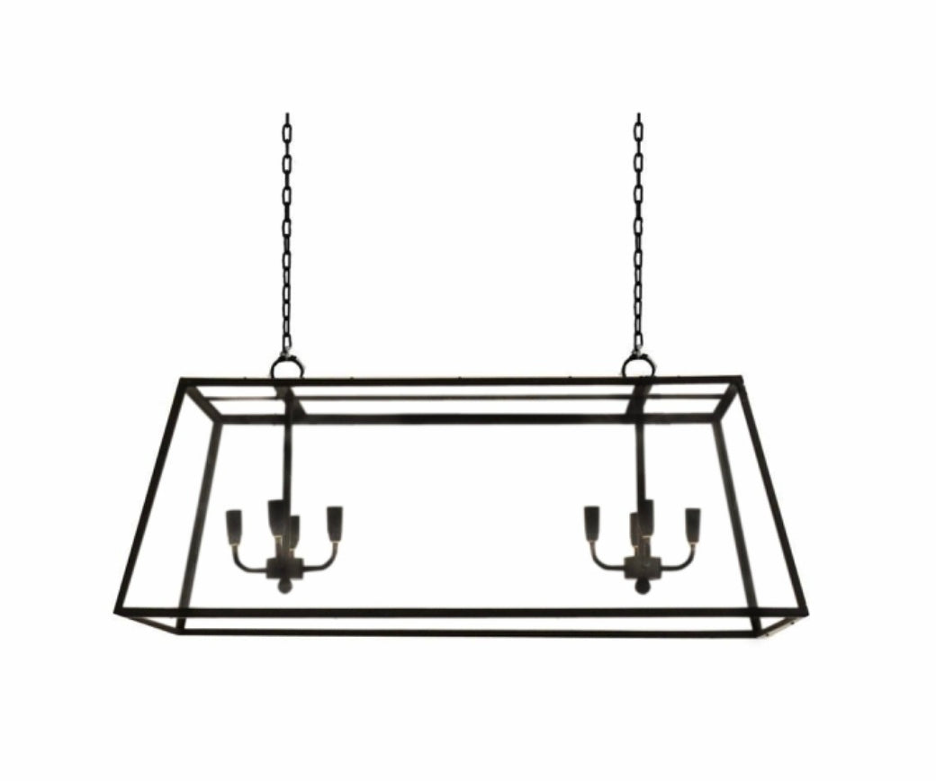 The Gustavia ll Light Frame Modern Chandelier from Chambers Design This large black chandelier has an unadorned minimalist silhouette with a rectangular shape and two clusters of petite bulbs for added impact.