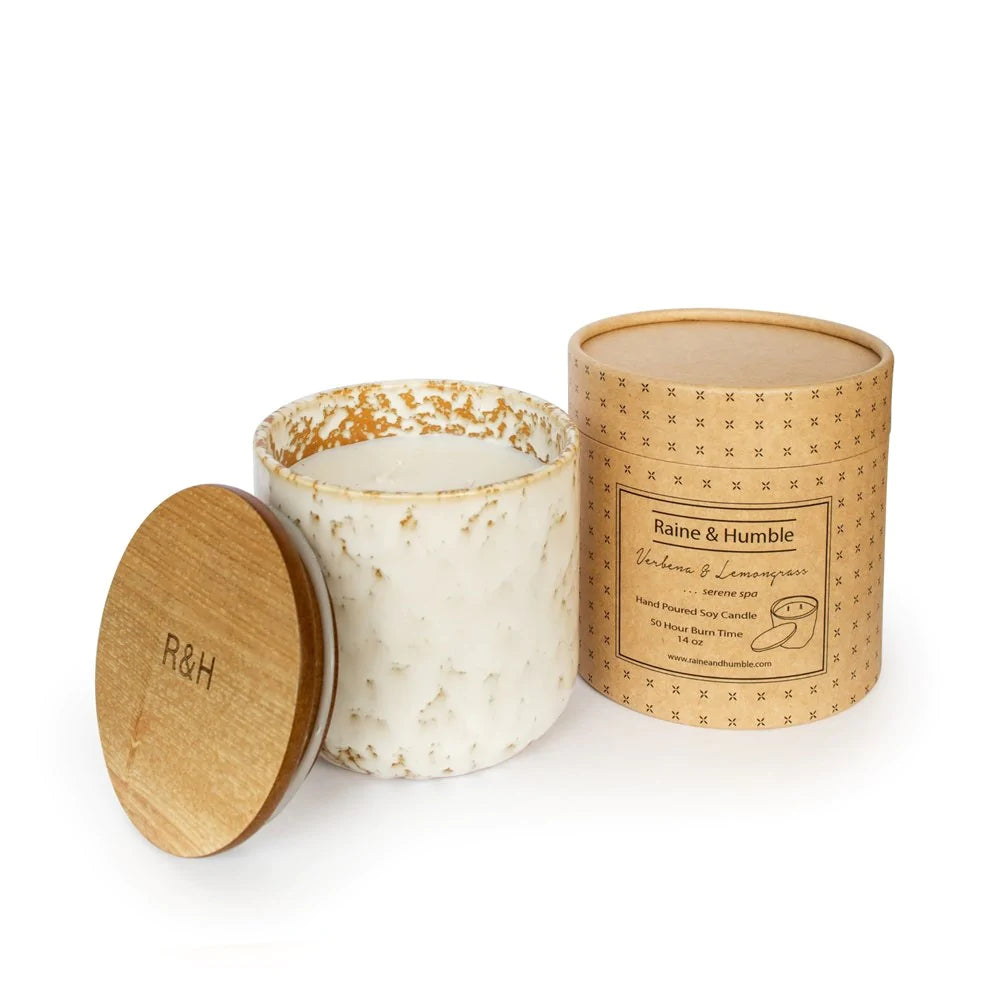 The Verbena and Lemongrass triple-scented fragrance is fresh and green and recalls the delightful ambience of your prefered tranquil spa getaway.   This aromatherapeutic combination of herbs and essential oils promotes mental clarity, happiness, and attention. This huge candle comes in a lovely box with a wooden cover on a reusable porcelain container.