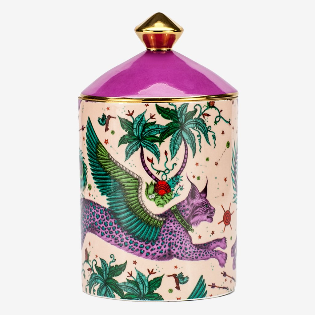 Emma J Shipley Lynx designed scented candle from Chambers Design. Bone china vessel with real gold details. Hand-poured by fragrance experts Bahoma in London