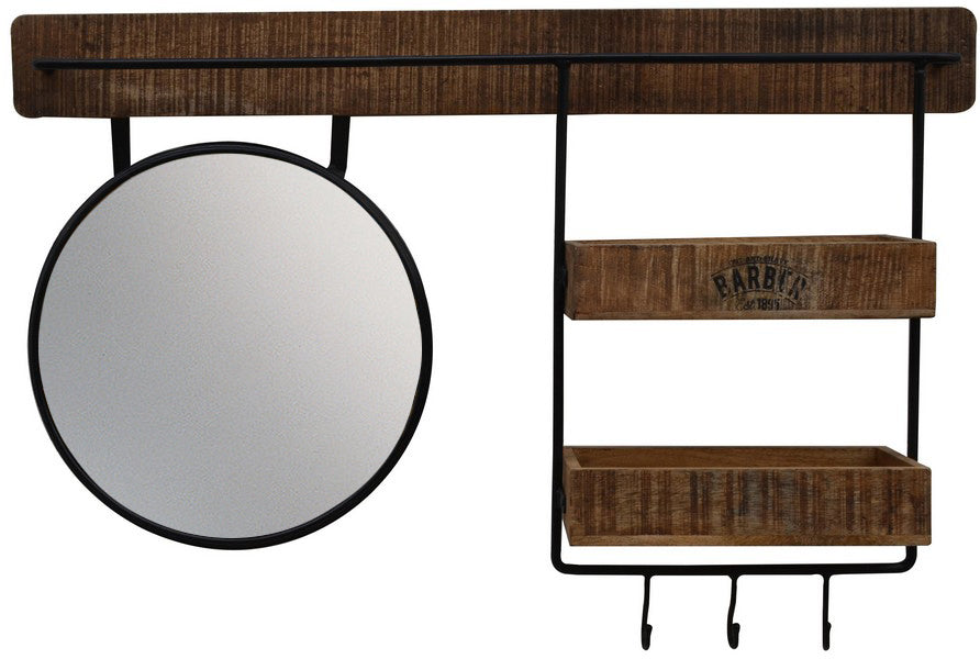 This mirror shelf unit projects a vintage design that fits very well with any style of home decoration. Made from rough finished wood, reinforced with metal, with a circular mirror,