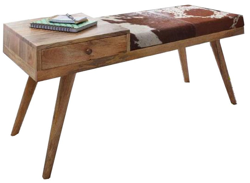 The mid-century phone bench is practical and durable, made of solid wood that shows off its incredible and distinctive vintage style, with a foam filled, cow hide covered cushioned seat.