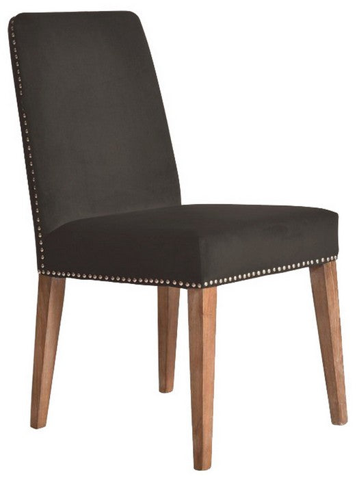 Luxurious dark grey velvet, antique stud detailing and solid timber are the key features for this dining chair,  In a variety of colours.