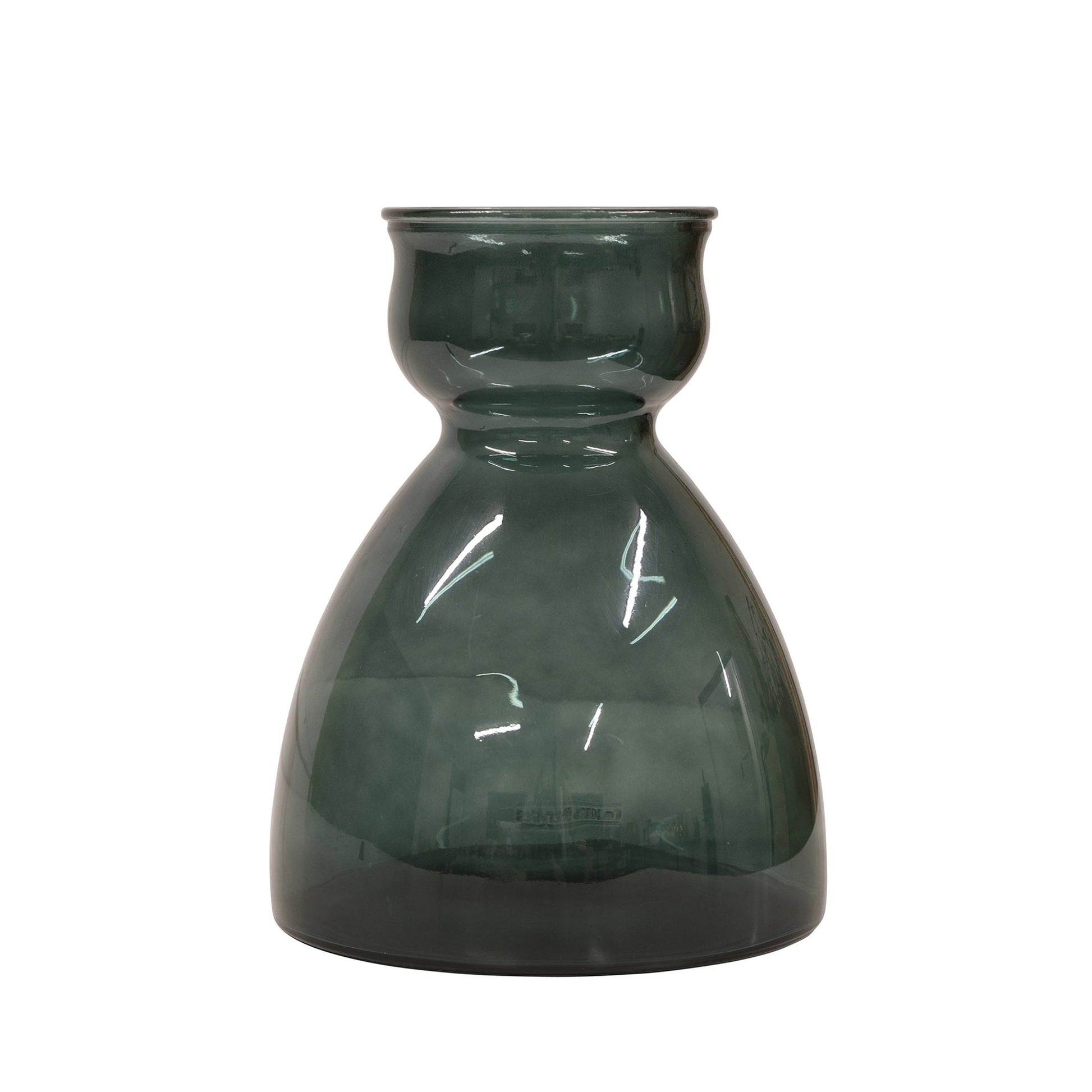 The beautiful Dante Vase 34cm Myrtal Green Crafted in myrtal green recycled glass. It is a beautiful piece that can be displayed individually or grouped with other vases