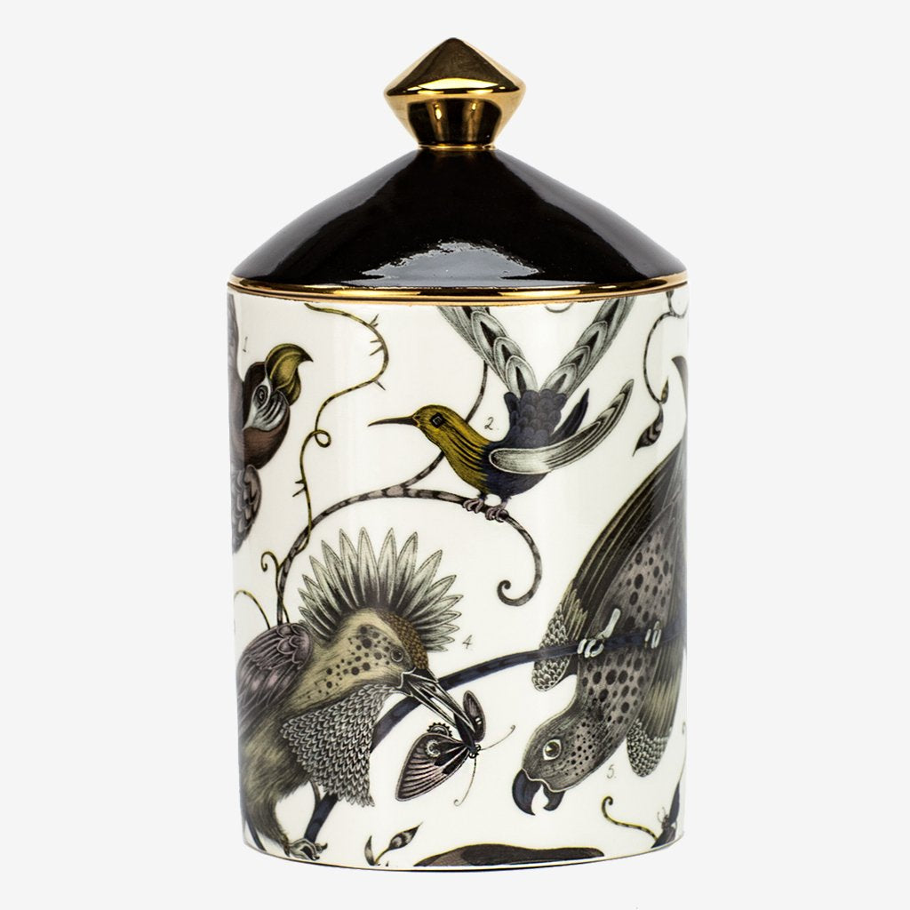 Emma J Shipley Audubon design. Bone china vessel with Real gold details. Hand-poured by fragrance experts Bahoma in London100% natural Balsamic Patchouli & Musk scented wax. Shop online now at Chambers Design.