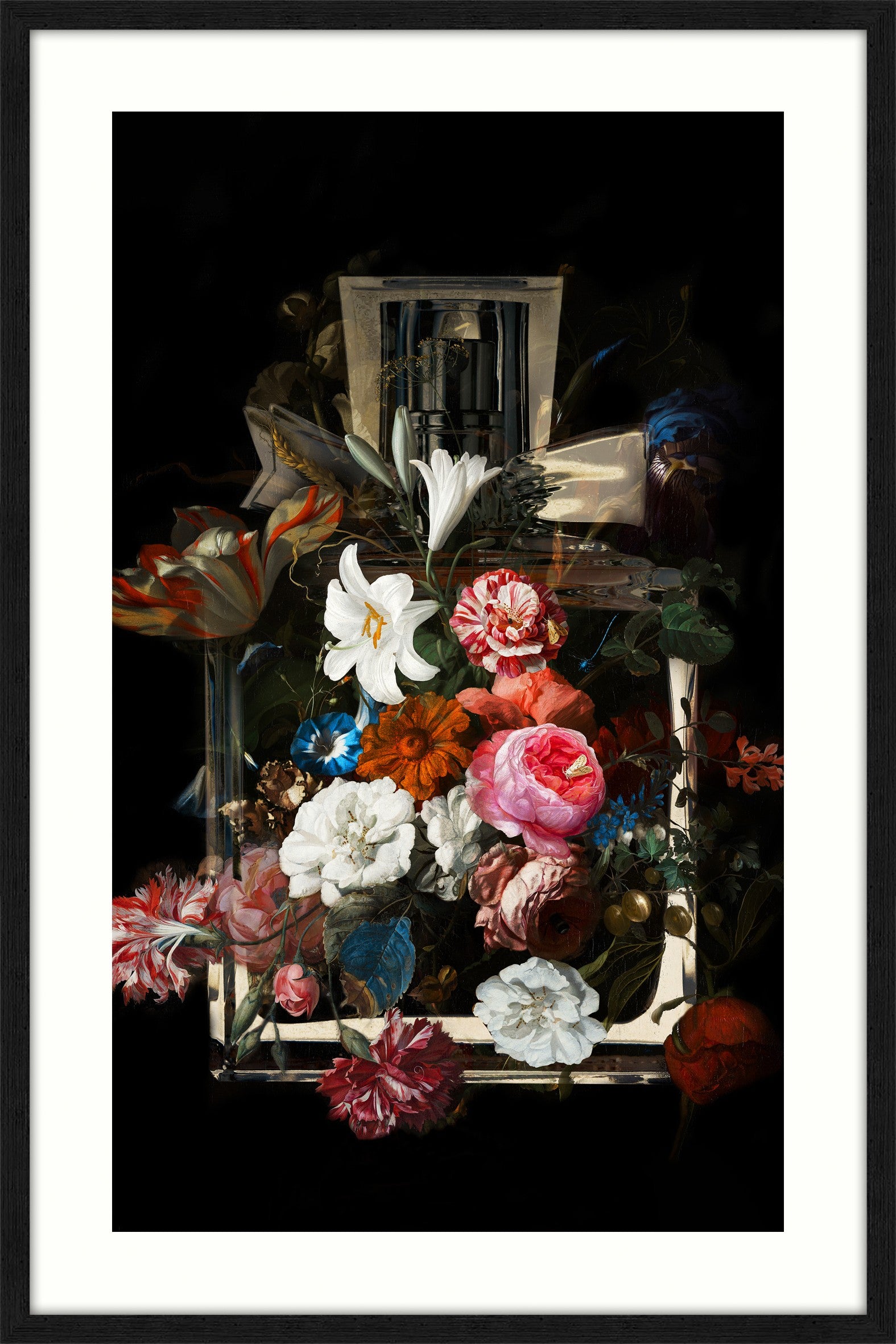 Canvas print featuring a perfume bottle with a bouquet of colourful flowers 